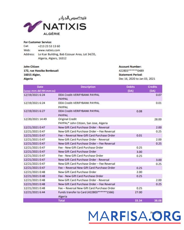 Blank Algeria Natixis Algerie bank statement excel sample